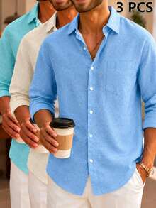 3pcs Set Casual Basic Men's Button-Up Long Sleeve Shirts - Multicolor - View 1