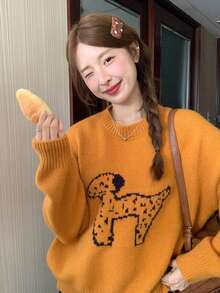 Women's Round Neck Puppy Pattern Long Sleeve Sweater, Winter Outfit - Burnt Orange - View 4
