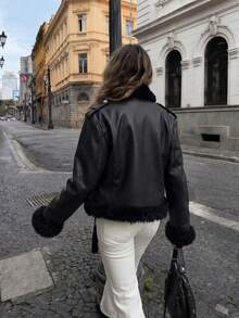 Vintage Y2K Black PU Jacket With Faux Fur Trim And Silver Buttons, Military Style Blazer Coat For Autumn Outfits - Black - View 4