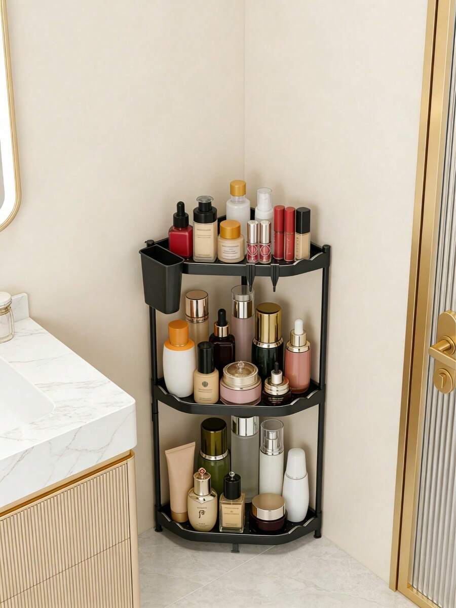 1pc Rust-Proof Triangle Bathroom Shelf, 2/3 Tier Bathroom Storage Rack, Shampoo Organizer, Bathroom Shelf, Kitchen Storage Rack, With Hooks For Hanging Bath Balls, Ding Shelf, Bathroom Accessories, Bathroom Storage, Bathroom Supplies - Black - View 1