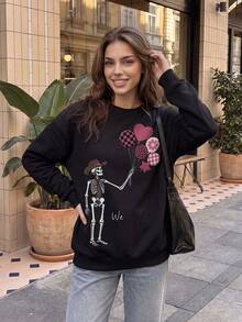 Women's Black Long Sleeve Crew Neck Pullover Sweatshirt With Ribbed Knit Details, Suitable For Autumn Casual Wear And Street Style - Black - View 4