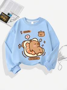 1PC Girl Fun Elements & Cartoon Crew Neck Sweatshirt, Cute, Spring Autumn School Activities Personalized Style - Blue - View 2