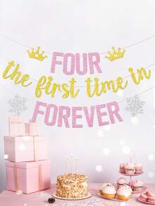 1pc Four The First Time In Forever 4th Birthday Banner, Snowflake Theme Princess Happy 4th Birthday Party Decoration - Multicolor - View 7