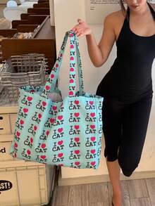 Korean Niche Design Ins Style Cartoon Cute Letter Heart Canvas Tote Bag, Large Capacity Commuter Shoulder Bag, Minimalist Shopping Bag, Versatile Tote Bag For Women - Turquoise - View 7