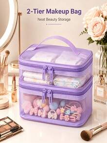 1pc Double-Layer Mesh Tote –Storage Bag For Hair Accessories/Puzzles/Toys, Zippered Toiletry Bag; Ideal For Nursery Organization And Travel Storage - Multicolor - View 2