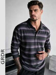 GRDR Men's American Vintage Long Sleeve Striped Print Polo Collar Shirt, Suitable For Commuting Wear - Dark Grey - View 3