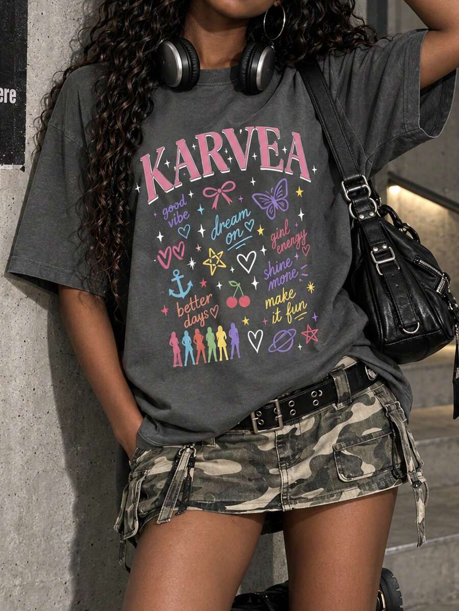 1 buah Kaos Pullover Lengan Pendek Bergambar, Pakaian Anak Perempuan dan Remaja, Atasan Musim Panas untuk Anak Perempuan Remaja - Dark Grey - View 1