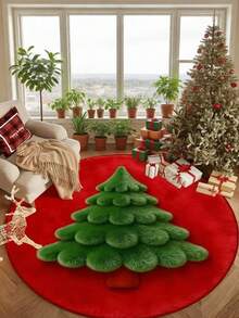 Karpet Bulat Berumbai Warna Burgundy untuk Natal, Motif Kotak-kotak, Boneka Salju, Kue Jahe, Hadiah Permen Tongkat, Karpet Mewah - MultiWarna - View 4