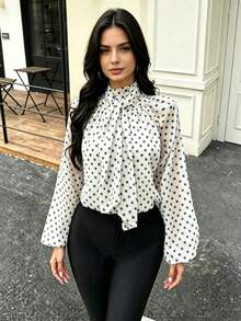 Seelio Spring/Summer New Women's Fashion European And American Style Minimalist Versatile Loose Bowknot Polka Dot Blouse - Beige - View 1