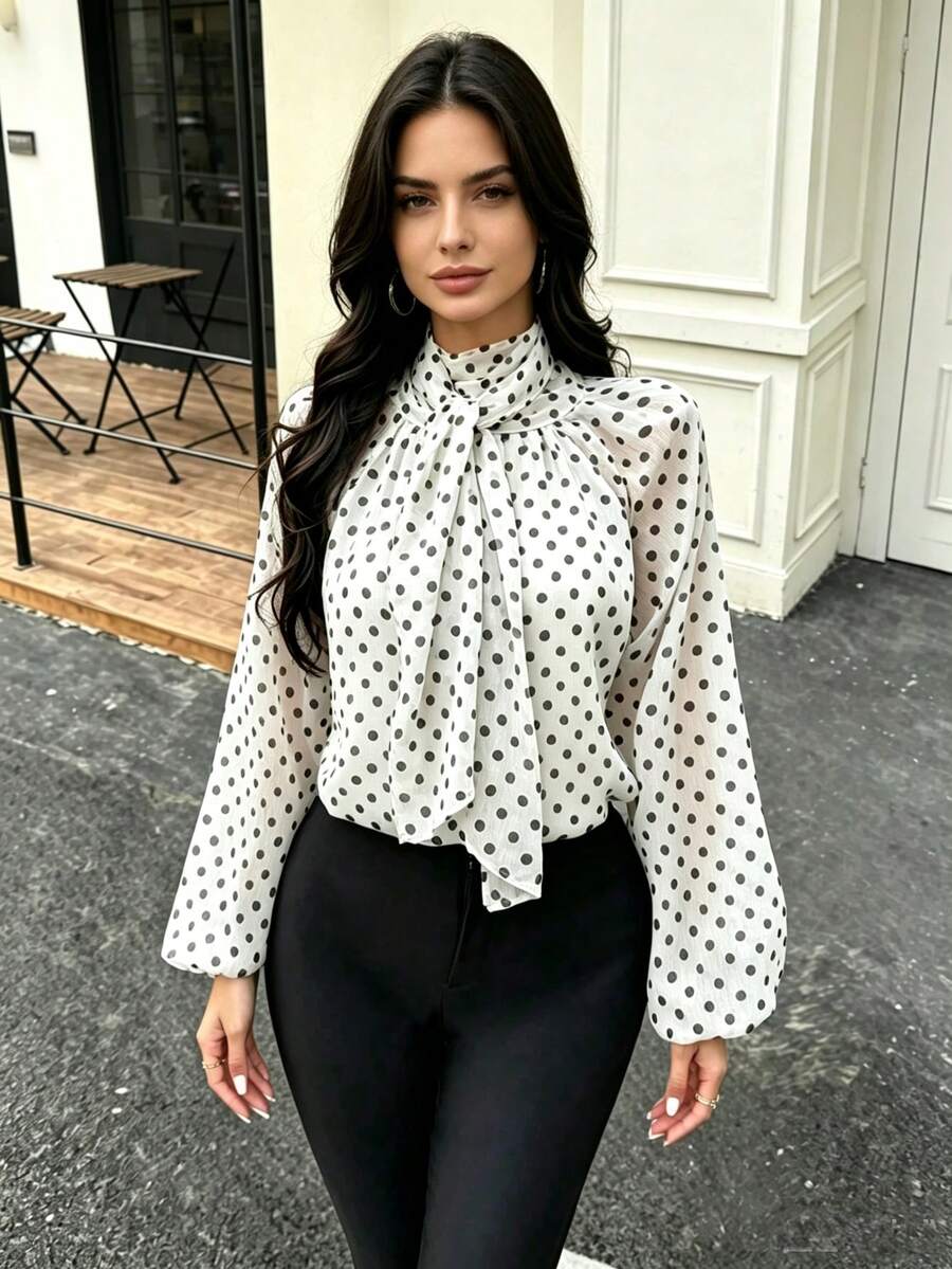 Seelio Spring/Summer New Women's Fashion European And American Style Minimalist Versatile Loose Bowknot Polka Dot Blouse - Beige - View 1