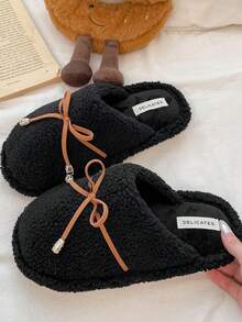 Women's Plush Bowknot Decor Closed-Toe Indoor Slippers, Soft Thick Sole Warm Cotton Bedroom Slippers For Autumn/Winter - Black - View 7