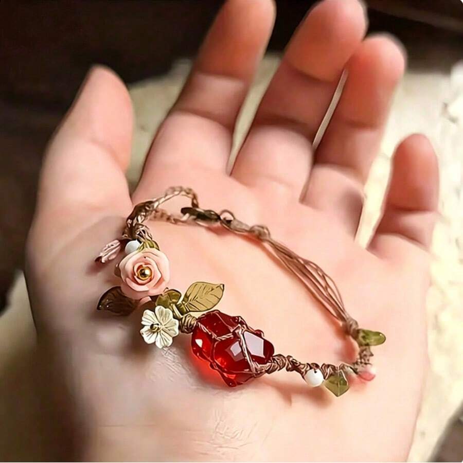 Bohemian Style Floral & Artificial Crystal Handmade Woven Bracelet, Suitable For Women And Girls, Fashionable Daily Accessory - Multicolor - View 1