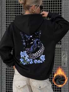 Autumn/Winter New Women's Minimalist Fashion & Floral Print Hooded Fleece Sweatshirt, Casual Versatile Suitable For Home, Outdoor Daily Wear - Black - View 2