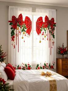 2PCS Christmas Sheer Curtains, Happy Holidays, Bow And Christmas Berry Patterns, Polyester Fiber Material,Trunked Window Screen,Four Seasons Home Window Decoration,Kitchen,Living Room,Bedroom,Dining Room Available In Multiple Sizes,Christmas Gifts - Multicolor - View 2