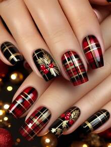 24 Pieces Red And Black Checkered Gold-Studded Christmas Holiday Acrylic Nails, Medium-Long Rectangular Style - Black - View 7