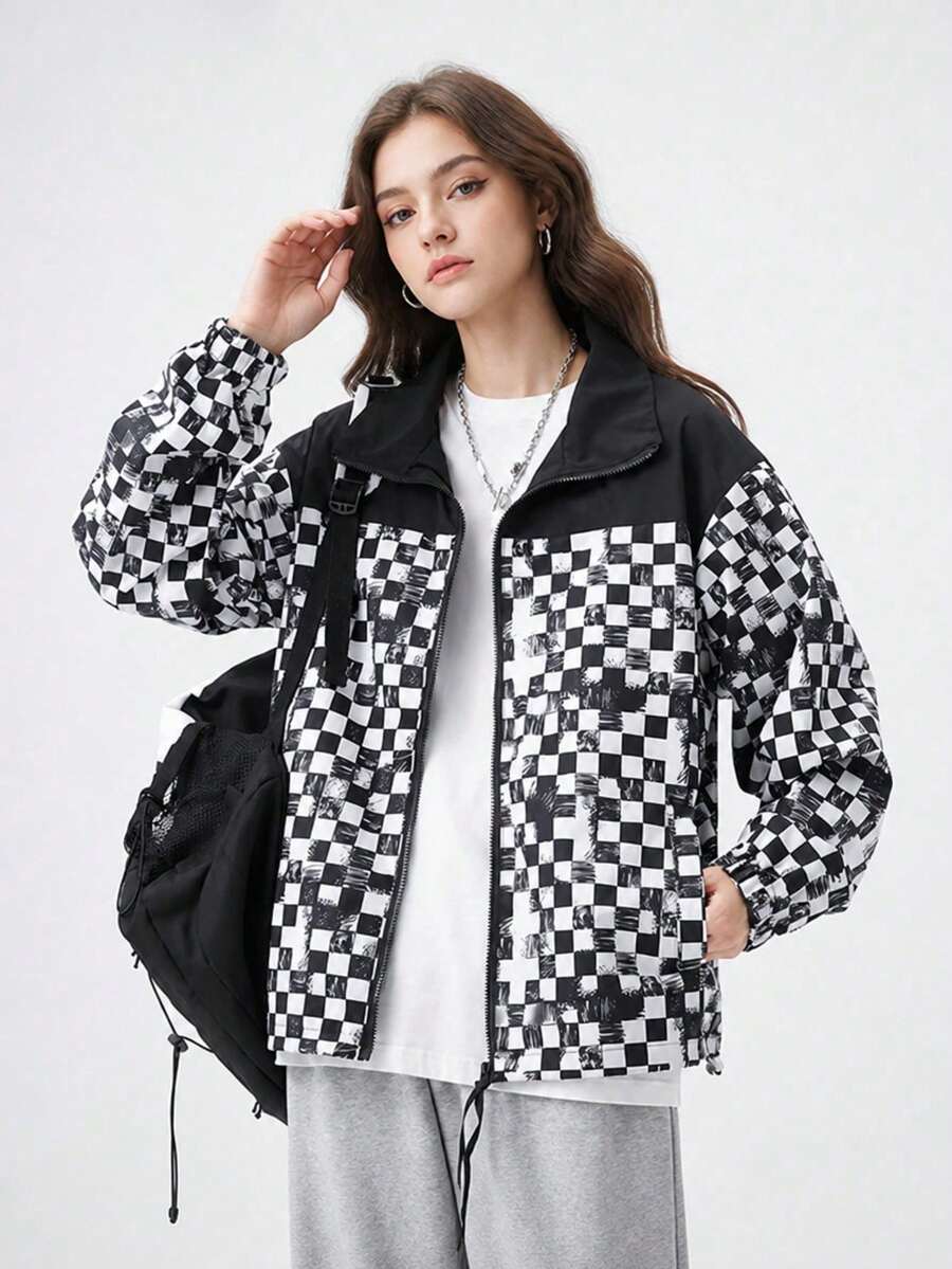 Women's Spring/Autumn Outdoor Street Style Jacket, Colorblock Plaid Print Casual Outerwear With Elastic Cuffs And Adjustable Drawstring Hem - Black - View 1