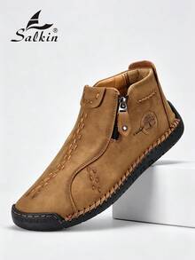 Salkin 男士复古设计师手工靴，棕色侧拉链休闲鞋，方便穿脱，高品质质感，防滑平底柔软舒适皮革乐福鞋，低帮踝靴适合户外、通勤、徒步旅行、季节礼物，大码 2000 年代风格街头服饰 - 棕色 - 查看 1
