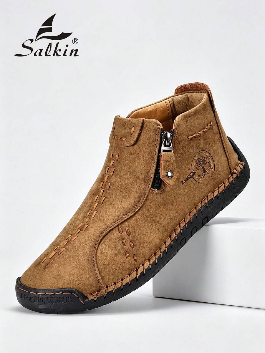 Salkin 男士复古设计师手工靴,棕色侧拉链休闲鞋,方便穿脱,高品质质感,防滑平底柔软舒适皮革乐福鞋,低帮踝靴适合户外、通勤、徒步旅行、季节礼物,大码 2000 年代风格街头服饰 - 棕色 - 查看 1
