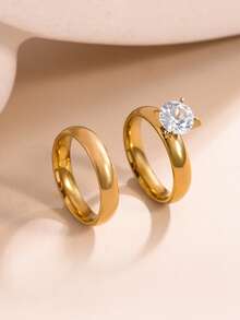 2pcs 18K Stainless Steel Ring Set, Rust-Proof Band, Wedding Engagement Gold Ring, Valentine's Day Gift For Girlfriend - Yellow Gold - View 5