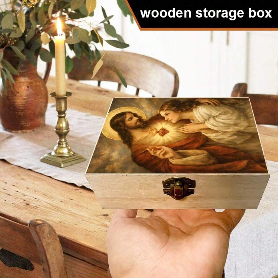 1pc Handmade Wooden Storage Box With Sacred Heart Pattern, Perfect As Gift, Accessory And Keepsake. Ideal For Home Altar, Prayer Area And Religious Decor Display - Multicolor - View 1