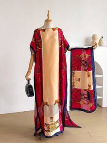 1 Set Faux Silk Minimalist Premium Horse Pattern Print Long Robe Set For Women, Beach Cover-Up Sun Protection Pullover Shawl With Satin Scarf, Perfect For Layering And Daily Wear - Multicolor - View 5