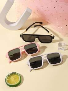 3pcs Kids 3-8Y Solid Color Double Bridge PC Frame Fashion Glasses, Retro Square Style For Party, Vacation And Daily Outings With Glasses Box - Multicolor - View 7