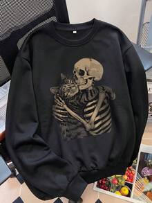 Women's Black Skull & Cat Hug Print Sweatshirt, Autumn Urban Style Long Sleeve Crew Neck Knit Pullover - Black - View 3
