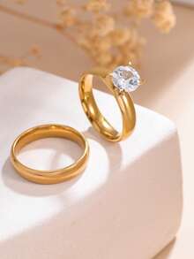 2pcs 18K Stainless Steel Ring Set, Rust-Proof Band, Wedding Engagement Gold Ring, Valentine's Day Gift For Girlfriend - Yellow Gold - View 8