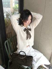 Cardigan Rajut Bergaris Putih Bergaya Vintage untuk Wanita dengan Desain Manset, Jaket Fashion Musim Gugur dengan Bahan Elastis Sedang - Aprikot - View 3