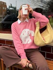 New Fashion Pink Sweet Style Cartoon Pattern Women's Loose Casual Sweater - Pink - View 4