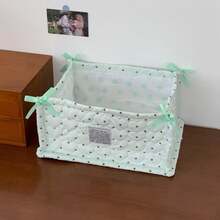 Strawberry Print Quilted Storage Basket, Bow Decor Foldable Fabric Storage Bin, Polka Dot Desktop Organizer, Home Vanity Clutter Storage Box - Multicolor - View 13