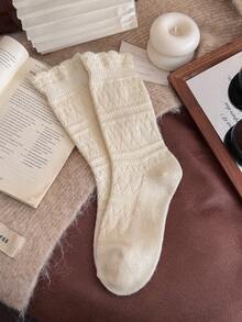 1/4 Pair Women Mid-Calf Socks Multi-Color Double Needle Wool Socks Autumn Winter Warm Vintage Style Fashion Versatile Mid-Calf Socks - Multicolor - View 11