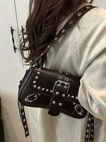 Vintage Punk Silver Rivet & Multi Buckle Saddle Crossbody Bag, Wide Eyelet Strap Faux Leather Motorcycle Shoulder Purse, Y2K Streetwear Small Handbag - Brown - View 4