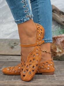 2026 Spring/Autumn New Vintage Embroidered Hollow Mary Jane Flat Shoes, Classic Square Toe Flat Shoes, Exquisite Hollow Embroidered Shoes With One-Strap Buckle Design, Soft Sole, Lightweight, Breathable, French Style, Versatile For Daily Wear, Commuting - Orange - View 8