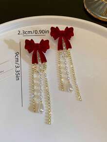 1 Pair French Sweet Bow Faux Pearl Earrings, Minimalist Elegant Luxury Versatile Design With Chain, New Year Style Stud Earrings For Women, Suitable For Daily, Holiday And Commute Wear - Burgundy - View 6