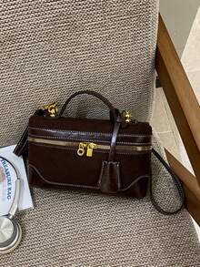 Dedoo 女款正方形斜挎包，純色麂皮與人造皮革拼接，金色鎖扣與拉鍊，頂部手柄，復古奢華，適合日常外出、派對，女款手提包 - 咖啡 - 查看 6