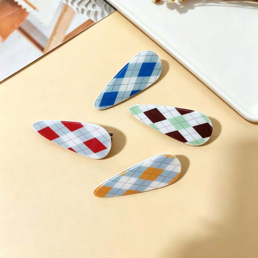 2pcs/8pcs Plaid Hair Clips, Sweet Square Tear-Drop Shaped BB Hair Accessories, Duckbill Hair Clips, Colorful Geometric Grid Hair Accessories, Suitable For Girls Daily Wear - Multicolor - View 1