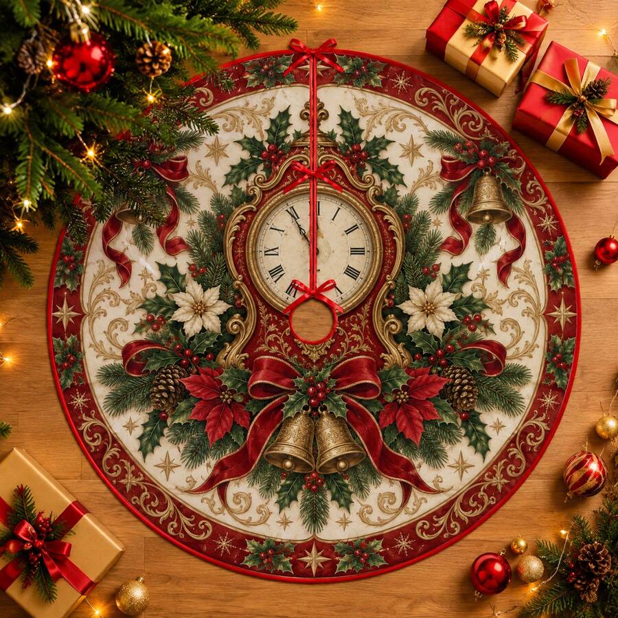 1pc Vintage Clock Bell Pattern Christmas Tree Skirt, Elegant Color Holiday Decor, 5 Sizes, Unisex Holiday Gift, Suitable For Home And Party Christmas Home Decoration - Vintage Alarm Clock - View 1