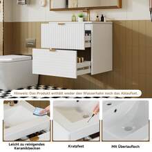 Wall-Mounted Vanity Unit 61*46*57 Cm, Fully Lacquered MDF, Two Soft-Close Drawers, Drawer Fronts With Horizontal And Vertical Patterns, Integrated Sink, White - White - View 5
