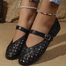 Women's Flat Ballet Shoes With Embroidered Pattern Upper, Solid Color Square Toe, Single Strap Across Instep, Casual Home And Outdoor Wear For All Seasons - Black - View 12