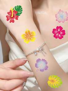 10/6/3pcs Temporary Tattoo Stickers, Combining Colorful Glitter Hibiscus And Marine Life, Vibrant And Realistic Colors, Suitable For Men And Women For Vacation, Travel, Gathering, Party, Daily Use, Waterproof And Durable, Random Styles - Multicolor - View 5