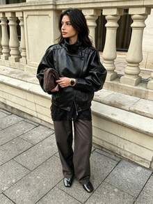 Liorin Autumn/Winter New Women's European And American Style Fashion Minimalist Versatile Lychee Grain Leather Stand Collar Jacket - Black - View 4
