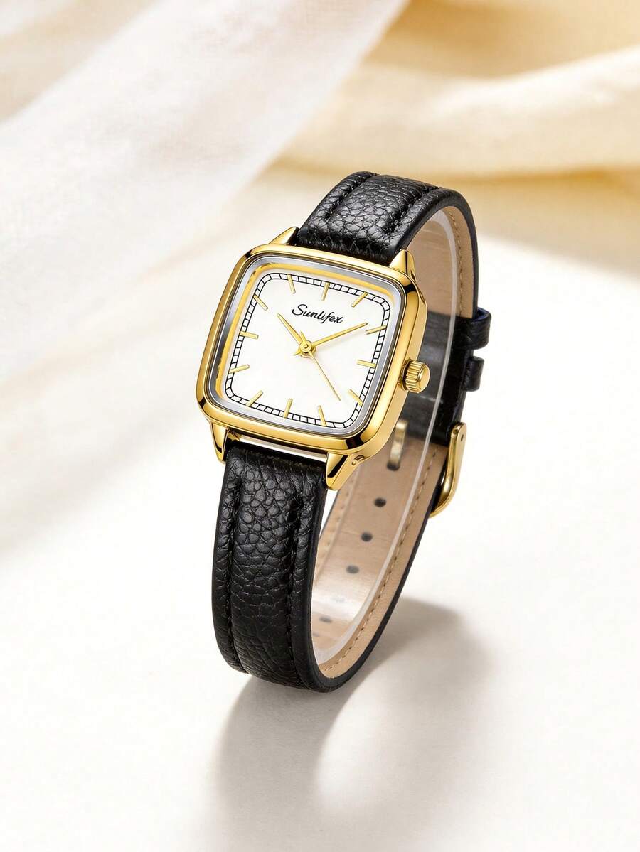 1pc Women Square Retro Quartz Watch, Two-Tone Gold & Silver Case, White Dial, Black Litchi PU Strap, Wristwatch For Daily & Gifting