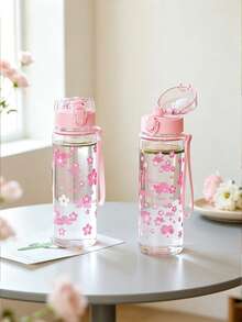 Garrafa De Água Com Padrão De Flor Rosa De 500ml, Copo De Água De Plástico Simples E Transparente, 1 Unidade - Rosa chiclete - Visão 9