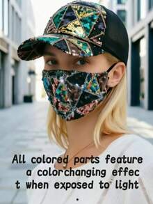 1pc/2pcs Summer Mesh Sequin Hat For Women, Breathable Sun Protection Cap, Fashion Versatile Korean Style Baseball Cap Baseball Cap + Sequin Geometric Pattern Mask, Shiny Party Decorative Mask - Multicolor - View 1