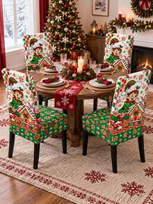 Gingerbread House Baking Elf Christmas Chair Cover, Mint Candy Cane Cookie Checkerboard Print, Sweet Holiday Kitchen Decor, Suitable For Family Feast, Winter Gathering And Christmas Party - Multicolor - View 8