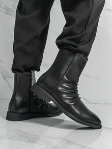 Black Pointed Toe Ankle Boots For Men, Shiny Finish With Unique Wrinkled Detail, Side Zipper Design, Business Casual Fashion, All-Season Footwear - Black - View 8