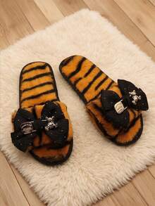 Chiffon Bow With Cartoon Bear Decoration, Sweet And Delicate Flat Plush Slippers, Suitable For Autumn/Winter Home Use - Orange - View 4