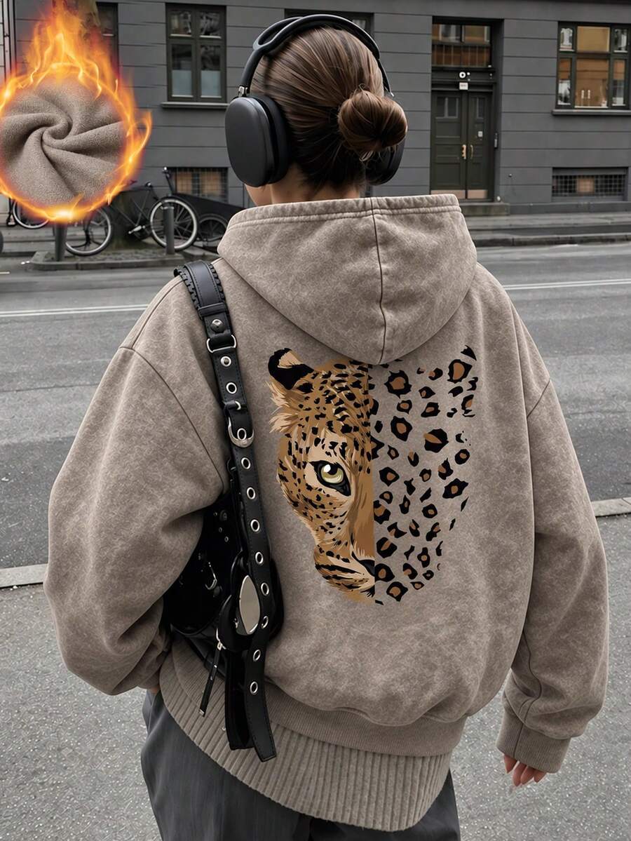 Sweatshirt Wanita Motif Vintage Washed, Sweatshirt Pullover Longgar Berlapisan Fleece Tebal, Motif Leopard Gaya Streetwear Musim Gugur/Dingin - Khaki - View 1