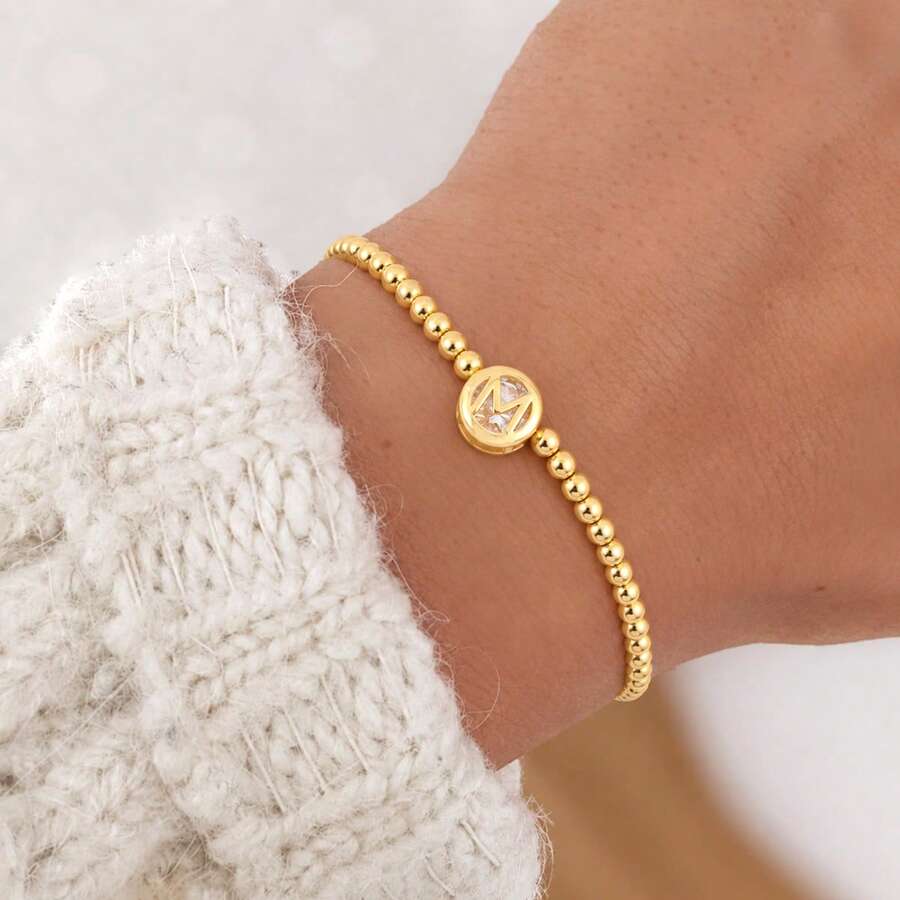 1件圓形字母手鍊 女款金色珠飾手鍊 - 金黃色 - 查看 1